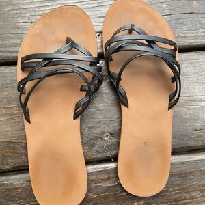 Volcom Black Strappy Tan Footbed Slide Sandals